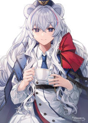 Rule 34 | 1girl, animal ears, arknights, bear ears, blue eyes, blue hair, blue headwear, blue nails, blue necktie, commentary, coyucom, cup, hair between eyes, holding, holding cup, jacket, long hair, long sleeves, looking at viewer, multicolored hair, nail polish, necktie, pink hair, rosa (arknights), silver hair, simple background, smile, solo, streaked hair, teacup, upper body, very long hair, white background, white jacket
