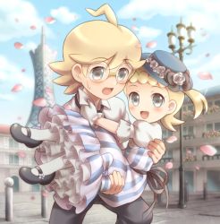 Rule 34 | 1boy, 1girl, asymmetrical hair, blonde hair, blue sky, blush, bonnie (pokemon), brother and sister, building, carrying, child, clemont (pokemon), cloud, collared shirt, cowboy shot, creatures (company), day, dress, flower, full body, game freak, glasses, gloves, hat, highres, looking at viewer, nintendo, no nose, open mouth, outdoors, petals, pokemon, pokemon (anime), pokemon xy, pokemon xy (anime), porocha, ribbon, shirt, shoes, short sleeves, siblings, sky, striped clothes, striped dress, sweatdrop, vertical-striped clothes, vertical-striped dress