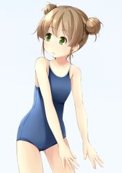 Rule 34 | 1girl, blue one-piece swimsuit, brown hair, competition school swimsuit, double bun, green eyes, hair bun, long hair, one-piece swimsuit, original, school swimsuit, shibacha (shibacha 0728), short hair, simple background, solo, swimsuit, white background