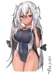 Rule 34 | 1girl, absurdres, black one-piece swimsuit, breasts, brown eyes, clothes lift, competition swimsuit, dark-skinned female, dark skin, glasses, grey-framed eyewear, hair between eyes, highres, kantai collection, large breasts, light brown hair, looking at viewer, musashi (kancolle), musashi kai ni (kancolle), one-piece swimsuit, pointy hair, rectangular eyewear, semi-rimless eyewear, shirt lift, short hair with long locks, solo, swimsuit, swimsuit under clothes, tf cafe, two side up