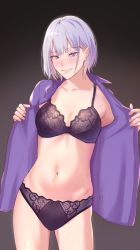 Rule 34 | 1girl, blush, bra, bra strap, breasts, cleavage, closed mouth, collarbone, feet out of frame, girls&#039; frontline, highres, ichinose (ichinose1592), lips, looking at viewer, medium breasts, medium hair, navel, open clothes, open shirt, panties, purple bra, purple eyes, purple panties, purple shirt, rpk-16 (girls&#039; frontline), rpk-16 (renate) (girls&#039; frontline), shirt, silver hair, simple background, smile, solo, standing, underwear