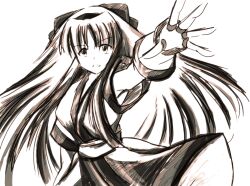 Rule 34 | 1girl, ainu clothes, armpit peek, breasts, fingerless gloves, gloves, hair ribbon, highres, large breasts, long hair, looking at viewer, monochrome, nakoruru, outstretched arm, parted lips, ribbon, samurai spirits, serious, snk, solo, the king of fighters, traditional media