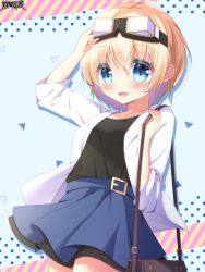 Rule 34 | 1girl, :d, arm up, bad id, bad pixiv id, bag, black shirt, blonde hair, blue eyes, blue sky, blush, breasts, character request, commentary request, dairoku ryouhei, diagonal stripes, fingernails, goggles, goggles on head, hair between eyes, holding strap, jacket, looking at viewer, open clothes, open jacket, open mouth, satsuki yukimi, shirt, short sleeves, shoulder bag, sky, small breasts, smile, solo, striped, watermark, white jacket
