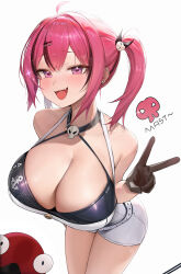 Rule 34 | 1girl, anchor symbol, bare shoulders, bikini, bird, black bikini, black gloves, black hair, blush, breasts, character name, cleavage, clothes writing, dfm (darknessdfm), ear piercing, eyelashes, fang, gloves, goddess of victory: nikke, hair ornament, hairclip, highres, huge breasts, looking at viewer, mast (nikke), multicolored hair, open mouth, piercing, pink hair, purple eyes, short shorts, short twintails, shorts, simple background, skin fang, solo, sparkle, streaked hair, swimsuit, twintails, v, white shorts