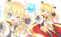 Rule 34 | 1girl, ahoge, animal ears, aqua eyes, black gloves, blonde hair, gloves, hat, highres, mini hat, mini top hat, one eye closed, open mouth, scepter, smile, solo, teru suzu, tiger, tiger cub, tiger ears, top hat, zoom layer