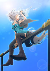Rule 34 | animal ears, armpits, bad id, bad pixiv id, bug, dragonfly, grey hair, heterochromia, highres, insect, legs, open mouth, original, plastick, sitting, solo, tail, thighhighs