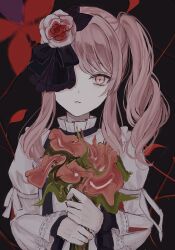 1other akiyama_mizuki ameshi0227 black_background black_bow bow dress flower hair_flower hair_ornament hair_ribbon highres keikyoku_no_machi_wa_doko_e_(project_sekai) long_hair long_sleeves looking_at_viewer multicolored_flower official_alternate_costume one_eye_covered other_focus parted_lips pink_eyes pink_flower pink_hair project_sekai red_flower ribbon rose side_ponytail sidelocks solo white_dress