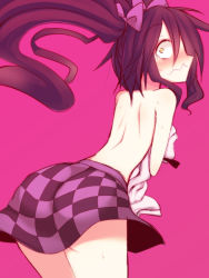 Rule 34 | 1girl, ass, back, blush, bow, brown eyes, brown hair, checkered clothes, checkered skirt, covering privates, covering breasts, from behind, hair bow, himekaidou hatate, kuresento, looking at viewer, looking back, pink background, skirt, solo, surprised, topless, touhou, twintails, wavy mouth, wide-eyed