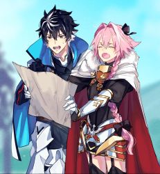 Rule 34 | 2boys, armor, astolfo (fate), black bow, black hair, blue cape, bow, braid, cape, charlemagne (fate), cloak, closed eyes, fang, fate/apocrypha, fate/extella, fate/extella link, fate/extra, fate (series), fur trim, garter straps, gauntlets, hair intakes, highres, holding, holding map, long braid, long hair, looking at map, male focus, map, multicolored hair, multiple boys, ono matope, open mouth, pink hair, pointing, red cloak, short hair, single braid, skin fang, streaked hair, sweatdrop, thighhighs, two-tone hair, white cape, white cloak, white hair