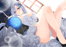 Rule 34 | 1girl, ass, bad id, bad pixiv id, bare shoulders, black footwear, blurry, breasts, cleavage, closed mouth, commentary request, crotch seam, depth of field, dress, globe, hair ornament, hairclip, high heels, knees up, large breasts, leg up, lens flare, long hair, looking at viewer, lying, on back, original, panties, purple eyes, reflection, roh nam kyung, silver hair, sleeveless, sleeveless dress, solo, underwear, white dress, white panties