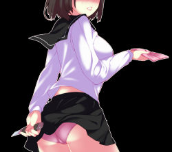 Rule 34 | 1girl, ass, black background, blush, boxcutter, head out of frame, highres, huangquan dong (sinchi), knife, lips, original, panties, pantyshot, parted lips, pink panties, school uniform, simple background, skirt, solo, underwear, upskirt
