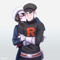 Rule 34 | 1boy, 1girl, blush, commentary, commission, creatures (company), crossed arms, english commentary, gabdlc, game freak, glasses, gloves, hat, highres, nintendo, pokemon, pokemon go, pokestop, team rocket, team rocket grunt, team rocket uniform, white gloves