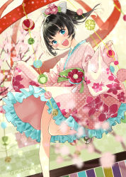 Rule 34 | 1girl, :d, black hair, blue eyes, blurry, blurry foreground, blush, bow, commentary request, depth of field, floral print, frilled kimono, frills, grey bow, hair bow, hair ornament, head tilt, high ponytail, japanese clothes, kimono, long sleeves, looking at viewer, miyabi akino, obi, open mouth, original, pinching sleeves, pink kimono, polka dot, polka dot bow, polka dot kimono, ponytail, print kimono, sash, sleeves past wrists, smile, socks, solo, standing, standing on one leg, twitter username, white socks, wide sleeves