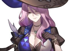 Rule 34 | 1girl, black bra, black hat, bra, breasts, cleavage, grey eyes, grin, hat, honkai: star rail, honkai (series), jade (honkai: star rail), jewelry, large breasts, long hair, looking at viewer, necklace, parted lips, pink hair, puffy sleeves, simple background, smile, solo, thotep, underwear, upper body, white background