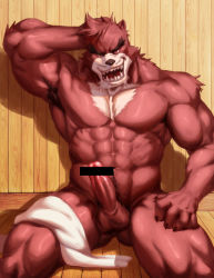 Rule 34 | 1boy, absurdres, bakemono no ko, erection, furry, furry male, grin, highres, kumatetsu, looking at viewer, male focus, muscular, penis, sauna, sitting, smile, smirk, solo, towel