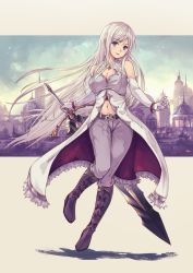 Rule 34 | 1girl, bare shoulders, belt, blue eyes, blush, boots, breasts, cleavage, cleavage cutout, clothing cutout, cloud, cloudy sky, elbow gloves, fur trim, gloves, holding, holding sword, holding weapon, large breasts, long hair, navel, open hand, original, ouka (ra-raradan), parted lips, sky, smile, solo, sword, very long hair, weapon, white gloves, white hair