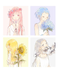 Rule 34 | 4girls, back, bad id, bad pixiv id, blue background, blue flower, blue hair, breasts, closed mouth, collarbone, covered mouth, eyebrows, eyelashes, female focus, flower, flower bracelet, flower over mouth, frilled sleeves, frills, grey eyes, hair flower, hair ornament, hair ribbon, halterneck, head wreath, holding, holding flower, hydrangea, leaf, long hair, looking at viewer, low ponytail, multiple girls, original, pink eyes, pink flower, pink hair, plant, ribbon, seuga, short sleeves, sidelocks, silver hair, simple background, sleeveless, small breasts, sunflower, swept bangs, tress ribbon, upper body, water drop, white flower, white ribbon, yellow flower
