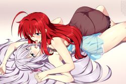 Rule 34 | 2girls, ahoge, ass, black negligee, blue eyes, blue negligee, breast press, breasts, commentary, commission, crossed bangs, english commentary, eye contact, french kiss, grey hair, hair between eyes, hair intakes, hair ribbon, hair spread out, high school dxd, holding hands, interlocked fingers, kiss, large breasts, lindaroze, lingerie, long hair, looking at another, lying, lying on person, multiple girls, negligee, panties, pink ribbon, red hair, rias gremory, ribbon, rossweisse, saliva, see-through, simple background, spaghetti strap, string panties, teeth, tongue, tongue out, underwear, upper teeth only, very long hair, watermark, web address, yuri