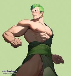 Rule 34 | 1boy, abs, artist name, bara, clenched hands, earrings, fundoshi, green background, green hair, green kimono, highres, japanese clothes, jewelry, kimono, large pectorals, male focus, muscular, muscular male, nipples, one piece, otokobara, patreon username, pectorals, roronoa zoro, scar, scar across eye, scar on face, short hair, simple background, solo