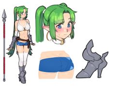 Rule 34 | 1girl, absurdres, armored boots, bare shoulders, belt, blue eyes, blue shorts, blush, body freckles, boots, choker, commentary, ear blush, earrings, elbow gloves, elf, emma brynhild, english commentary, freckles, full body, gloves, green hair, high heel boots, high heels, highres, hoop earrings, jewelry, long hair, micro shorts, navel, o-ring, o-ring choker, o-ring top, pointy ears, polearm, portrait, shorts, simple background, spear, sunna (nilsunna), thighhighs, twintails, vambraces, very long hair, wavy mouth, weapon, white background, white gloves, white thighhighs