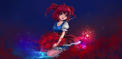 Rule 34 | 1girl, blue dress, blurry, breasts, brown eyes, cleavage, depth of field, dress, flower, highres, lantern, layered clothes, light particles, looking up, night, night sky, onozuka komachi, red hair, round teeth, sash, seiza, shishi (x67937183), short dress, short hair, sitting, sitting on water, sky, sleeveless, sleeveless dress, smile, solo, sparkle, spider lily, teeth, thighs, touhou, two side up, water, white dress, wind
