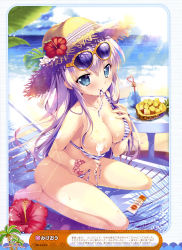 Rule 34 | 1girl, absurdres, barefoot, beach, bikini, blue eyes, bracelet, breasts, chair, cleavage, collarbone, convenient censoring, covered erect nipples, day, eyewear on head, flower, food, fruit, fruit cup, hair between eyes, hair flower, hair ornament, hat, hibiscus, highres, jewelry, large breasts, long hair, lotion, lounge chair, mikeou, mouth hold, ocean, original, outdoors, pineapple, red flower, scan, silver hair, sitting, smile, solo, straw hat, striped bikini, striped clothes, sun hat, sunglasses, sunscreen, swimsuit, untied bikini, very long hair, yellow hat