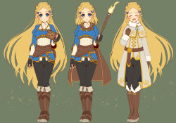 Rule 34 | 1girl, :d, :o, aisawa natsu, arm at side, belt, belt buckle, belt pouch, black gloves, black pants, blonde hair, blue eyes, blue shirt, blush, boots, braid, brown cape, brown footwear, brown gloves, buckle, cape, closed eyes, closed mouth, coat, commentary, crown braid, facing viewer, fingerless gloves, fire, forehead, full body, fur-trimmed boots, fur-trimmed coat, fur-trimmed sleeves, fur trim, gloves, green background, grey coat, hair ornament, hairclip, hand on own chest, holding, knee boots, long hair, long sleeves, multiple views, nintendo, open mouth, pants, parted bangs, parted lips, pointy ears, pouch, princess zelda, shirt, short hair, smile, standing, star (symbol), the legend of zelda, the legend of zelda: breath of the wild, the legend of zelda: tears of the kingdom, torch, very long hair