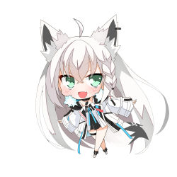 Rule 34 | 1girl, animal ears, black choker, black dress, blush, braid, chibi, choker, commentary request, denden taiko, dog tags, dress, earrings, fang, fox ears, fox girl, fox tail, fur-trimmed jacket, fur trim, green eyes, hair between eyes, highres, hololive, jacket, jewelry, long hair, looking at viewer, open clothes, open jacket, open mouth, shirakami fubuki, shirakami fubuki (fubukitek), shirt, sidelocks, simple background, single braid, skin fang, solo, tail, thigh strap, very long hair, virtual youtuber, white background, white hair, white jacket, white shirt