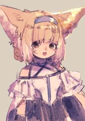 Rule 34 | 1girl, animal ears, arknights, artist name, bare shoulders, blue hairband, blush, clothing cutout, commentary request, dress, fox ears, fox girl, frilled sleeves, frills, green background, hairband, highres, looking at viewer, niwatori (akira 207), open mouth, short hair, short sleeves, shoulder cutout, simple background, solo, suzuran (arknights), upper body, watermark, yellow eyes