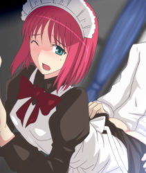 Rule 34 | 00s, 1boy, 1girl, ass, bent over, blue eyes, censored, hetero, hisui (tsukihime), indoors, long hair, maid, maid headdress, mosaic censoring, one eye closed, open mouth, red hair, sex, solo focus, syou (crecre), tsukihime, vaginal, wince
