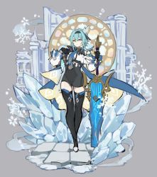 Rule 34 | 1girl, aqua hair, black footwear, black gloves, black hairband, blue cape, blue neckwear, bodystocking, boots, cape, eula (genshin impact), genshin impact, gloves, greatsword, hair between eyes, hairband, high-waist shorts, highres, holding, holding sword, holding weapon, icicle, long sleeves, medium hair, papajay (jennygin2), planted, planted sword, planted weapon, shorts, snowflakes, solo, standing, sword, thigh boots, thighhighs, weapon
