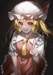 Rule 34 | 1girl, ascot, blonde hair, bow, breasts, collared shirt, crystal, dark background, fang, fingernails, flandre scarlet, frilled shirt collar, frilled skirt, frilled sleeves, frills, hat, hat bow, highres, long hair, looking at viewer, mob cap, multicolored wings, nail polish, one side up, open mouth, puffy short sleeves, puffy sleeves, red bow, red eyes, red nails, red skirt, red vest, sharp fingernails, shirt, short sleeves, simple background, skirt, skirt set, small breasts, solo, teeth, touhou, upper teeth only, vest, wanko sora, white hat, white shirt, wings, yellow ascot