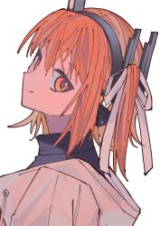 Rule 34 | 1girl, a.i. voice, adachi rei, black shirt, character name, closed mouth, commentary, english text, hair ribbon, head tilt, headlamp, headset, highres, hood, hood down, hooded jacket, jacket, light blush, looking at viewer, looking to the side, one side up, orange eyes, orange hair, portrait, radio antenna, ribbon, shirt, short hair, simple background, smile, solo, text in eyes, turtleneck, utau, white background, white jacket, white ribbon, yuyu no suke