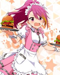 Rule 34 | 1girl, apron, asymmetrical bangs, bow, bowtie, breasts, burger, butterfly ornament, cheese, confused, cowboy shot, dot nose, dress, food, forehead, frilled apron, frilled skirt, frills, hair between eyes, idolmaster, idolmaster million live!, idolmaster million live! theater days, lettuce, long hair, maid headdress, maihama ayumu, medium breasts, official alternate costume, official art, open mouth, pink bow, pink bowtie, pink dress, pink eyes, pink hair, ponytail, pretty waitress (idolmaster), puffy short sleeves, puffy sleeves, serving, shirt, short sleeves, skirt, solo, standing, star (symbol), starry background, sweat, thighhighs, tomato, tomato slice, tray, upper body, v-shaped eyebrows, waist apron, waitress, wavy hair, white apron, white shirt, white thighhighs, wrist cuffs
