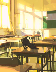 Rule 34 | animal, animal focus, black cat, black fur, cat, chair, classroom, desk, highres, no humans, original, school chair, school desk, snatti, stretching, sunlight, tail
