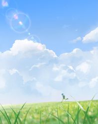 Rule 34 | 1boy, backpack, bag, boots, cloud, day, field, fishing rod, from side, gon freecss, grass, highres, hunter x hunter, male focus, outdoors, running, scenery, sky, solo, spiked hair, sunlight, uffie