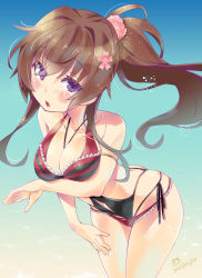 Rule 34 | 10s, 1girl, artist name, bikini, blush, breasts, brown hair, female focus, flower, hair flower, hair ornament, highres, imu sanjo, kantai collection, kantai collection (anime), large breasts, long hair, looking at viewer, ponytail, purple eyes, solo, swimsuit, yamato (kancolle)