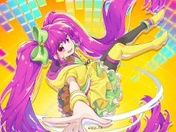 Rule 34 | 1girl, absurdly long hair, aino megumi, asymmetrical footwear, black thighhighs, boots, bow, cure lovely, cure lovely (lollipop hip hop), earrings, floating hair, green bow, green nails, green skirt, hair bow, hair ornament, happinesscharge precure!, highres, hood, hood down, hooded sweater, jewelry, layered skirt, long hair, looking at viewer, looking to the side, miniskirt, multicolored clothes, multicolored skirt, nail polish, open mouth, outstretched arm, plv 276, precure, purple hair, red eyes, skirt, solo, star (symbol), star earrings, star hair ornament, sweater, thigh boots, thighhighs, twintails, very long hair, white skirt, wristband, yellow footwear, yellow skirt, yellow sweater