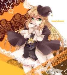Rule 34 | 00s, ada vessalius, bad id, bad pixiv id, blonde hair, cocorosso, green eyes, hat, long hair, pandora hearts, ribbon, school uniform, skirt, solo, thighhighs, vincent nightray, white thighhighs, witch hat
