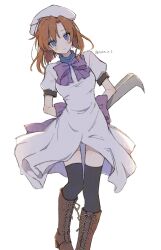 1girl arms_behind_back back_bow beret black_thighhighs blue_eyes blunt_ends blush boots bow bowtie brown_footwear closed_mouth commentary_request cross-laced_footwear dress eyes_visible_through_hair floating_hair foot_out_of_frame hat head_tilt highres higurashi_no_naku_koro_ni hip_vent holding holding_weapon huge_bow looking_at_viewer medium_hair nata_(tool) nyan_o2 orange_hair puffy_short_sleeves puffy_sleeves purple_bow purple_bowtie ryuuguu_rena sanpaku short_sleeves simple_background smile solo standing thighhighs twitter_username weapon white_background white_dress white_hat