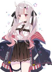 Rule 34 | 1girl, black bow, black jacket, black necktie, black skirt, blush, bow, breasts, closed mouth, clothes writing, collared shirt, dated, english text, gradient hair, grey hair, hair bow, hair ornament, highres, hololive, horns, jacket, kashiba aira, long hair, long sleeves, looking away, multicolored hair, nakiri ayame, nakiri ayame (streetwear), necktie, off shoulder, oni, open clothes, open jacket, pleated skirt, puffy long sleeves, puffy sleeves, red eyes, red hair, shirt, simple background, skin-covered horns, skirt, sleeves past fingers, sleeves past wrists, small breasts, solo, star (symbol), starry background, streaked hair, twintails, twitter username, very long hair, virtual youtuber, white background, white shirt, x hair ornament
