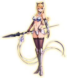 Rule 34 | 10s, 1girl, animal ears, armor, armored boots, arms at sides, artist request, bare shoulders, bikini armor, black panties, black thighhighs, blonde hair, blue eyes, blue gemstone, boots, bow, bowtie, breastplate, breasts, cleavage, detached collar, elbow gloves, elina (queen&#039;s blade), elina (queen's blade), fake animal ears, faulds, female focus, fingerless gloves, full body, gauntlets, gem, gloves, greaves, high heel boots, high heels, holding, holding weapon, lace, lace-trimmed legwear, lace trim, legs together, long hair, looking at viewer, medium breasts, narrow waist, navel, official art, outline, panties, polearm, queen&#039;s blade, queen&#039;s blade unlimited, redesign, shadow tracker elina, smile, solo, spear, standing, thighhighs, thong, transparent background, underwear, weapon, white bow, white bowtie, wide hips
