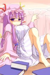 Rule 34 | 1girl, blunt bangs, blush, book, crescent, dress, female focus, frills, hat, looking at viewer, mob cap, patchouli knowledge, pink hair, purple eyes, robe, solo, striped clothes, striped dress, touhou, vertical stripes, white dress