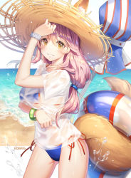 Rule 34 | 1girl, animal ear fluff, animal ears, artist name, bangle, bare arms, bare shoulders, beach, bikini, blue bikini, bracelet, breasts, brown eyes, cowboy shot, ears through headwear, fate/grand order, fate (series), fox ears, fox tail, grin, hand up, hat, horizon, innertube, jewelry, large breasts, long hair, looking at viewer, low-tied long hair, navel, ocean, pink hair, roang, sand, see-through, shirt, side-tie bikini bottom, smile, solo, standing, stomach, straw hat, swim ring, swimsuit, tail, tamamo (fate), tamamo no mae (fate/extra), tamamo no mae (swimsuit lancer) (second ascension) (fate), thighs, umbrella, water, wet, wet clothes, wet shirt