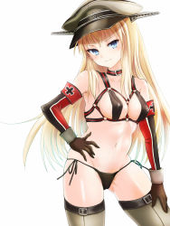 Rule 34 | 10s, 1girl, bare shoulders, bismarck (kancolle), blonde hair, blue eyes, blush, breasts, cameltoe, covered erect nipples, detached sleeves, gloves, grey thighhighs, hat, highres, kantai collection, long hair, looking at viewer, military, military hat, panties, peaked cap, side-tie panties, solo, thighhighs, underwear, yuemanhuaikong