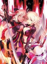 Rule 34 | 2girls, bikini, black bikini, black bow, black gloves, bow, breast press, breasts, cleavage, closed mouth, collarbone, dress, fate/grand order, fate (series), floating hair, frown, gloves, gluteal fold, hair between eyes, hair bow, hair ribbon, holding, holding sword, holding weapon, jeanne d&#039;arc alter (fate), jeanne d&#039;arc alter (swimsuit berserker) (fate), long hair, long sleeves, looking at viewer, medium breasts, multiple girls, noriccho!, okita souji (fate), okita souji alter (fate), open mouth, print bikini, purple thighhighs, red ribbon, ribbon, short dress, shrug (clothing), swimsuit, sword, symmetrical docking, thigh gap, thigh strap, thighhighs, very long hair, weapon, white hair, yellow eyes
