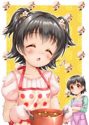 Rule 34 | &gt;:), 2girls, ^ ^, akagi miria, apron, black hair, blush, brown eyes, brown flower, closed eyes, closed mouth, collarbone, eighth note, closed eyes, flower, food, green skirt, hair flower, hair ornament, highres, holding, idolmaster, idolmaster cinderella girls, long sleeves, mother and daughter, multiple girls, musical note, oven mitts, pink shirt, polka dot, polka dot apron, pot, puffy short sleeves, puffy sleeves, purple apron, regular mow, shirt, short hair, short sleeves, skirt, smile, two-tone background, two side up, v-shaped eyebrows, white apron, white background, white flower, yellow background