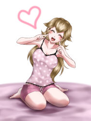 Rule 34 | 1girl, ^ ^, alternate costume, bare legs, bare shoulders, barefoot, blonde hair, blush, breasts, casual, cleavage, closed eyes, closed eyes, full body, heart, laughing, mario (series), medium breasts, nintendo, princess peach, seiza, sitting, solo, super smash bros., wasabi (legemd), white background