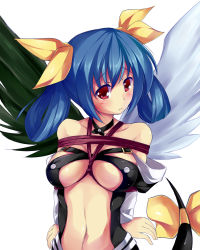 Rule 34 | 1girl, arc system works, arms behind back, asymmetrical wings, bare shoulders, bdsm, blue hair, blush, bow, breast bondage, breasts, center opening, choker, detached sleeves, dizzy (guilty gear), guilty gear, hair bow, hair rings, highres, large breasts, long hair, maullarmaullar, navel, red eyes, ribbon, rope, shibari, shibari over clothes, solo, tail, tail ornament, tail ribbon, underboob, wings
