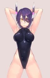 Rule 34 | 10s, 1girl, :&lt;, arms behind head, breasts, eyepatch, female focus, headgear, highleg, highleg swimsuit, kantai collection, large breasts, one-piece swimsuit, purple hair, shiny clothes, short hair, simple background, solo, swimsuit, tenryuu (kancolle), yellow eyes, yuuji (and)